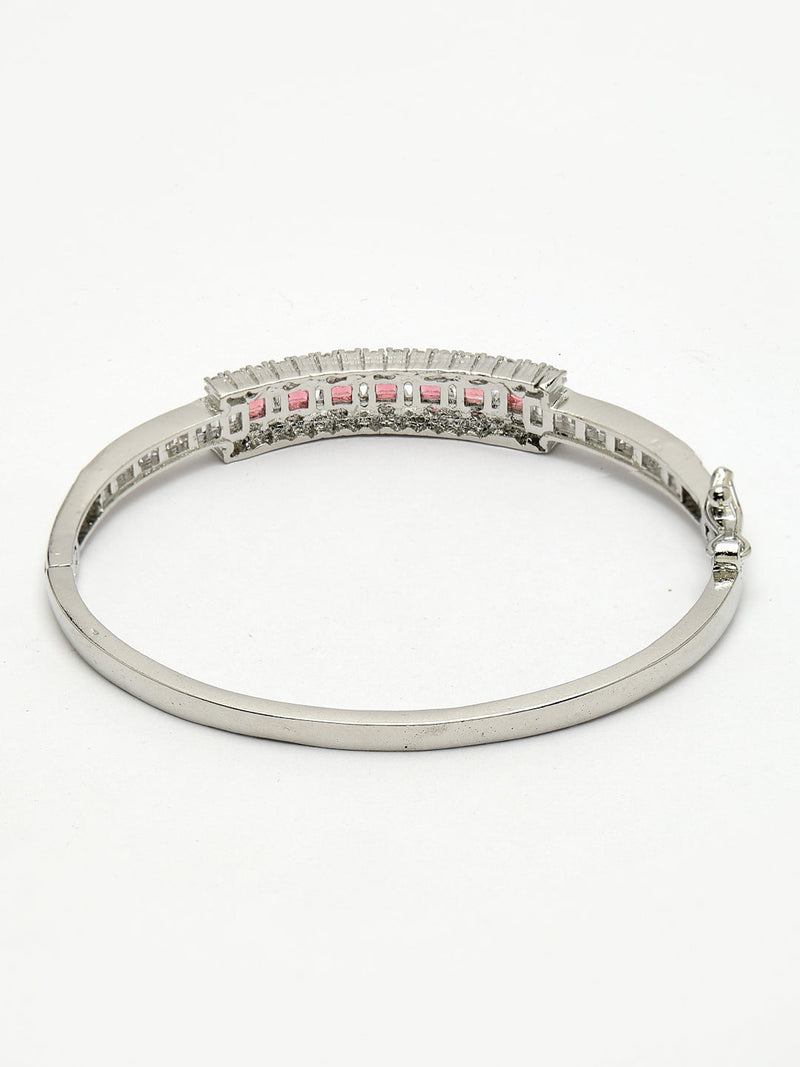 Rhodium Plated Silver Toned Minimal Round Red American Diamond Studded Cuff Bracelet