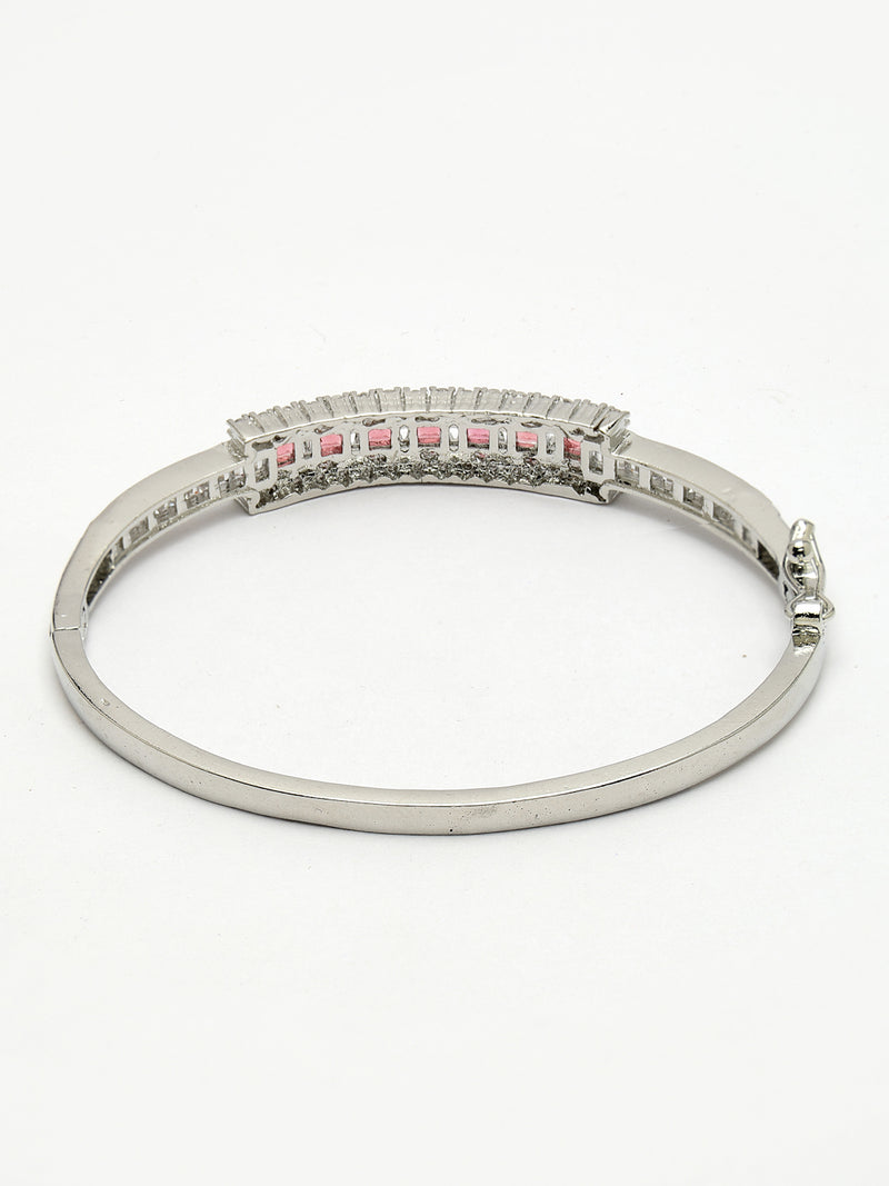 Rhodium Plated Silver Toned Minimal Round Red American Diamond Studded Cuff Bracelet
