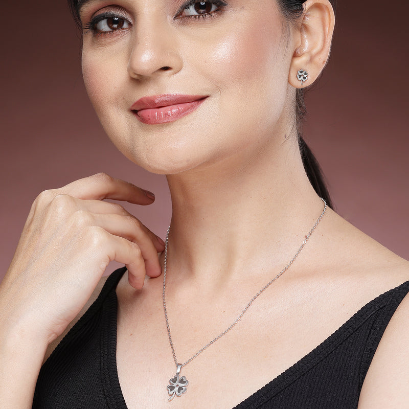 Rhodium Plated with Clover Leaf Shaped Design Stainless Steel Pendent Set