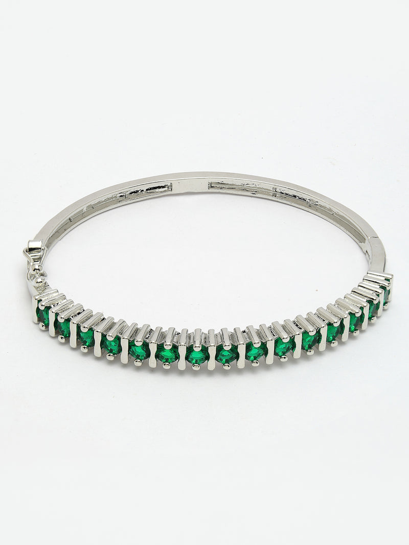 Rhodium Plated Silver Toned Minimal  Round Green American Diamond Studded Cuff Bracelet
