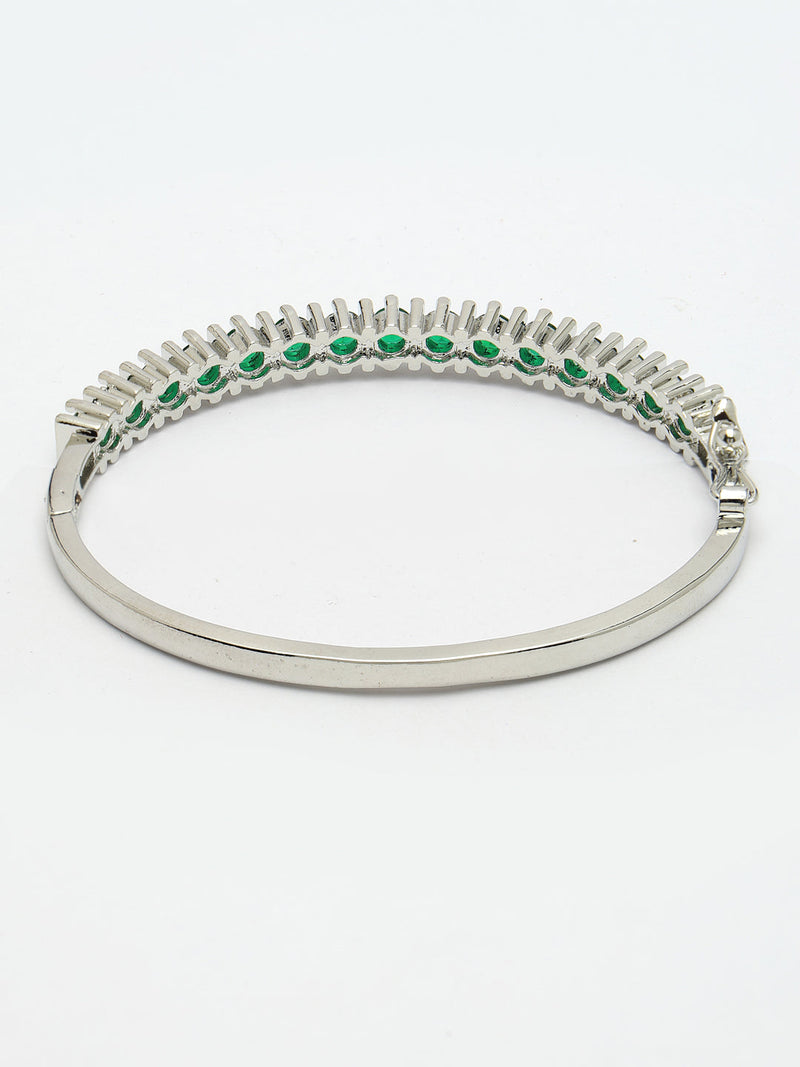 Rhodium Plated Silver Toned Minimal  Round Green American Diamond Studded Cuff Bracelet
