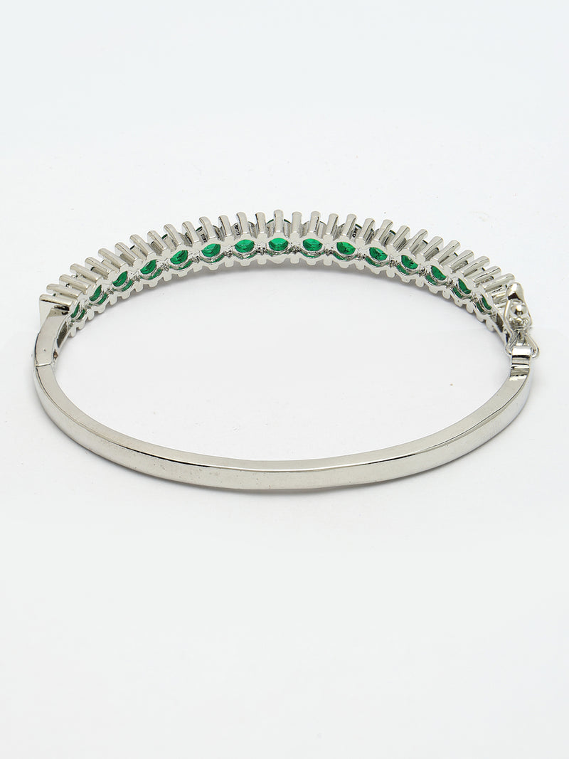 Rhodium Plated Silver Toned Minimal  Round Green American Diamond Studded Cuff Bracelet