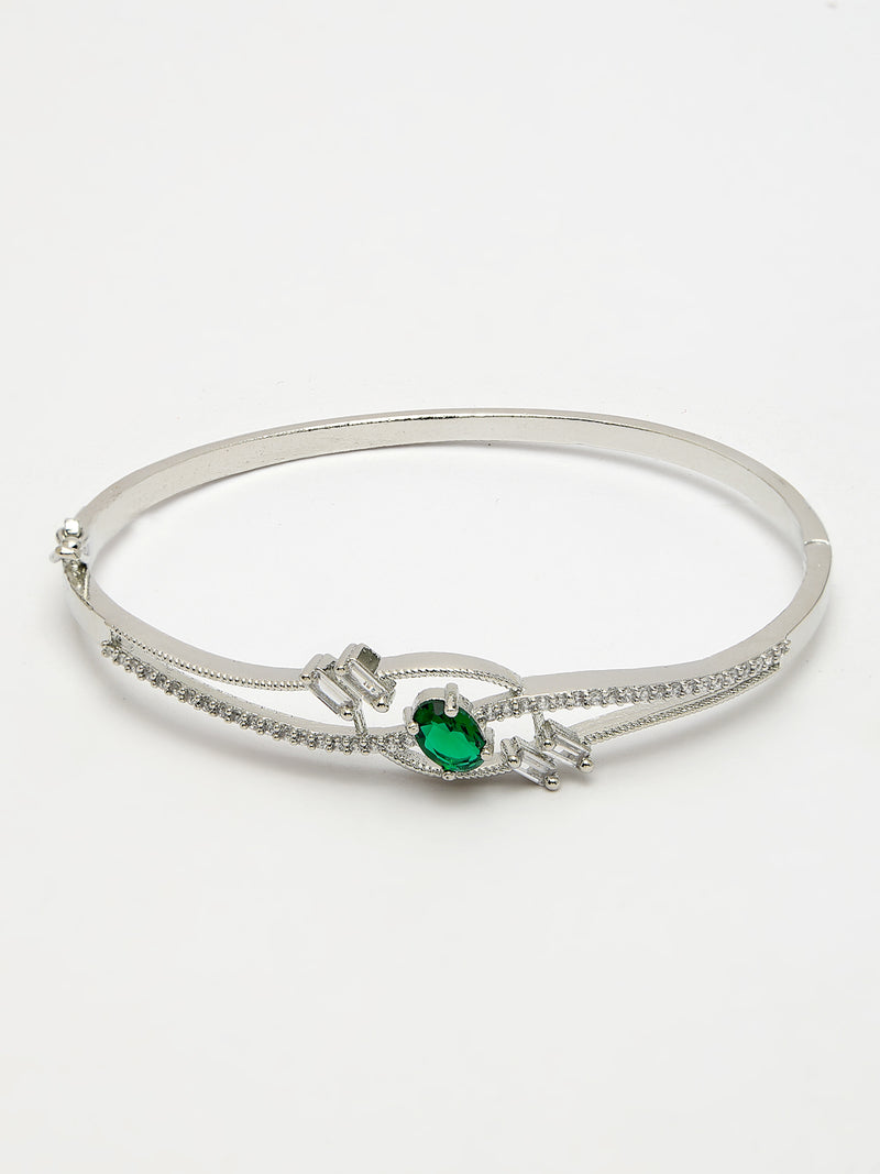 Rhodium Plated Silver Toned  Green Oval American Diamond Studded Cuff Bracelet