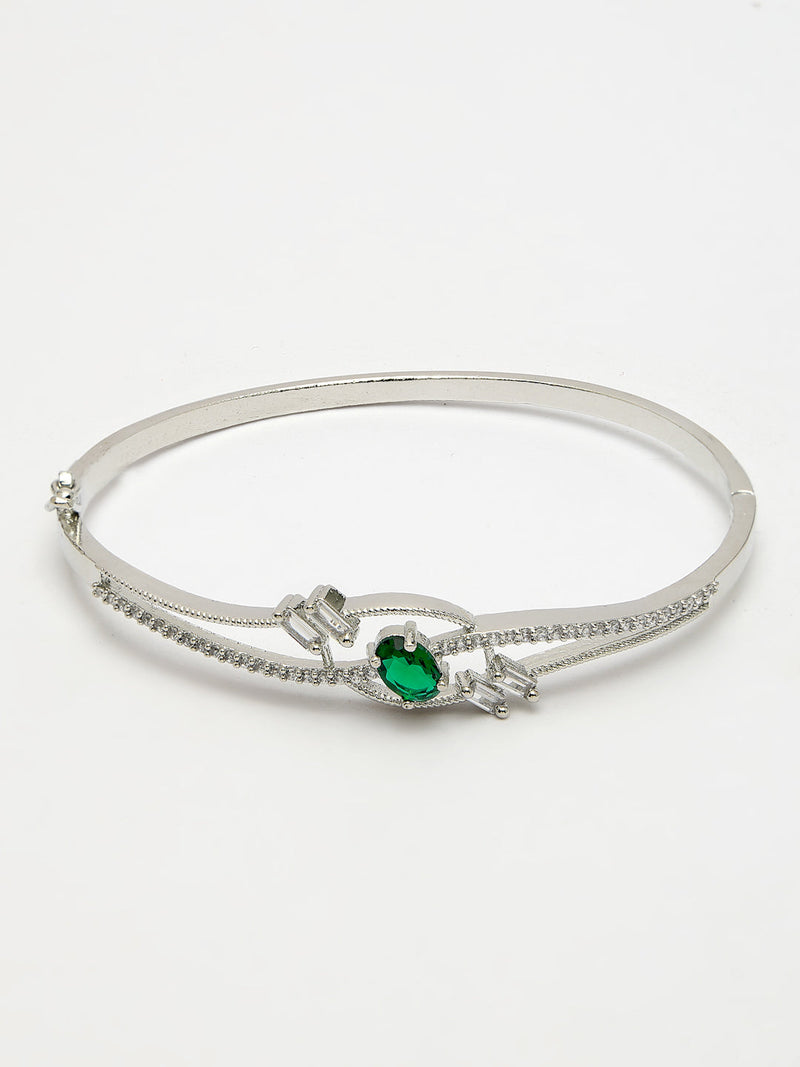 Rhodium Plated Silver Toned  Green Oval American Diamond Studded Cuff Bracelet