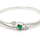 Rhodium Plated Silver Toned  Green Oval American Diamond Studded Cuff Bracelet