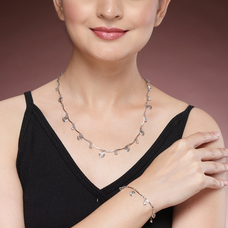 Rhodium Plated with Heart Shaped & White Cubic Zirconia Studded Jewellery Set