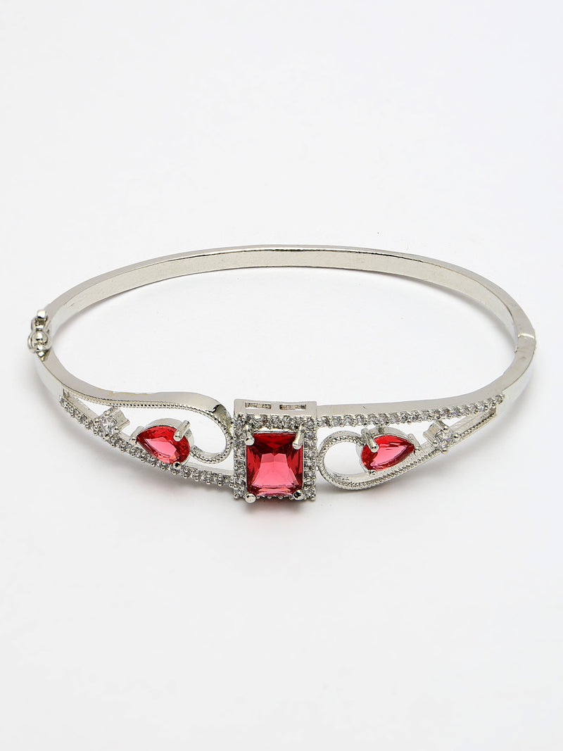 Rhodium Plated Silver Toned Red Square & Teardrop American Diamond Studded Cuff Bracelet