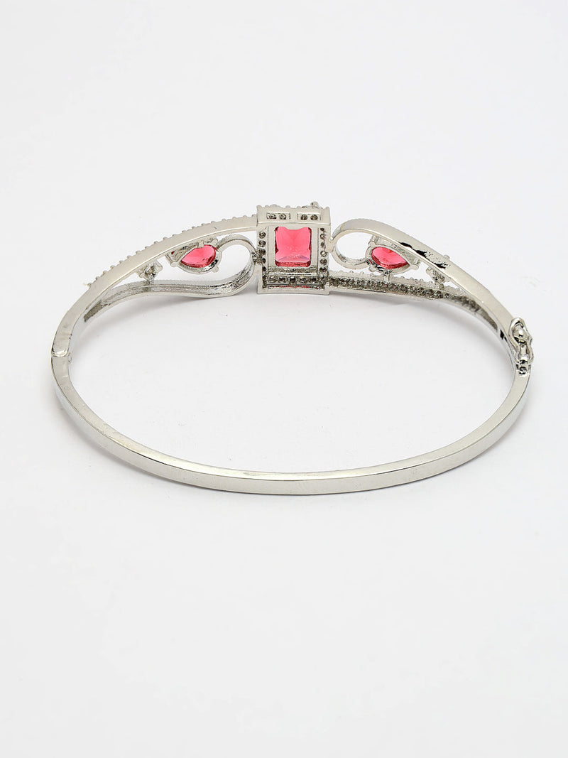 Rhodium Plated Silver Toned Red Square & Teardrop American Diamond Studded Cuff Bracelet