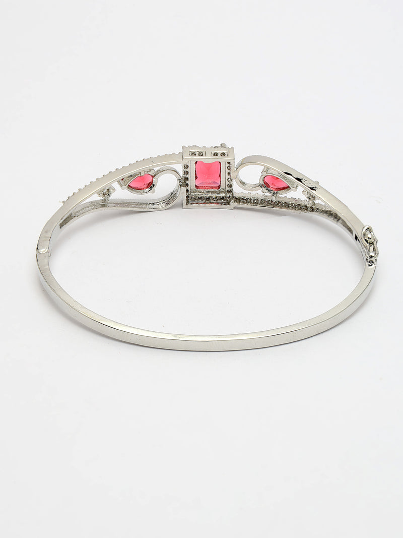 Rhodium Plated Silver Toned Red Square & Teardrop American Diamond Studded Cuff Bracelet