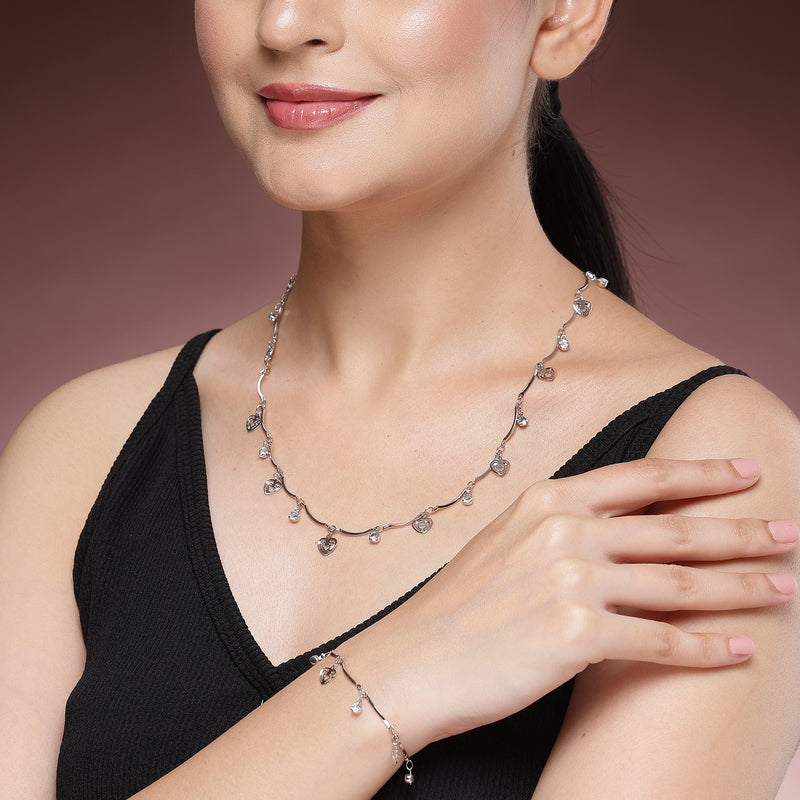 Rhodium Plated with Heart Shaped & White Cubic Zirconia Studded Jewellery Set