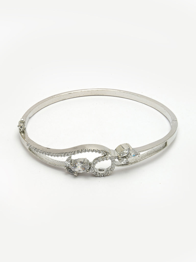 Rhodium Plated Silver Toned Nature Inspired White Oval American Diamond Studded Cuff Bracelet