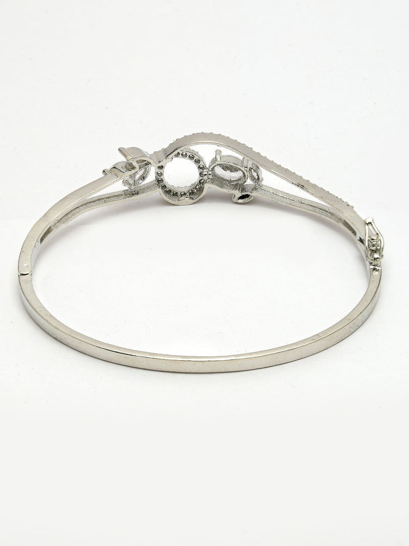 Rhodium Plated Silver Toned Nature Inspired White Oval American Diamond Studded Cuff Bracelet