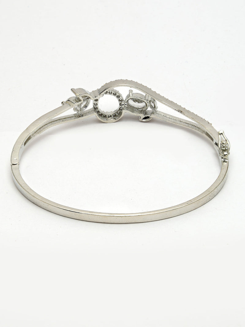 Rhodium Plated Silver Toned Nature Inspired White Oval American Diamond Studded Cuff Bracelet