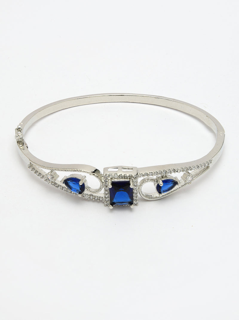 Rhodium Plated Silver Toned Blue Square & Teardrop American Diamond Studded Cuff Bracelet