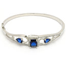 Rhodium Plated Silver Toned Blue Square & Teardrop American Diamond Studded Cuff Bracelet
