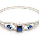 Rhodium Plated Silver Toned Blue Square & Teardrop American Diamond Studded Cuff Bracelet