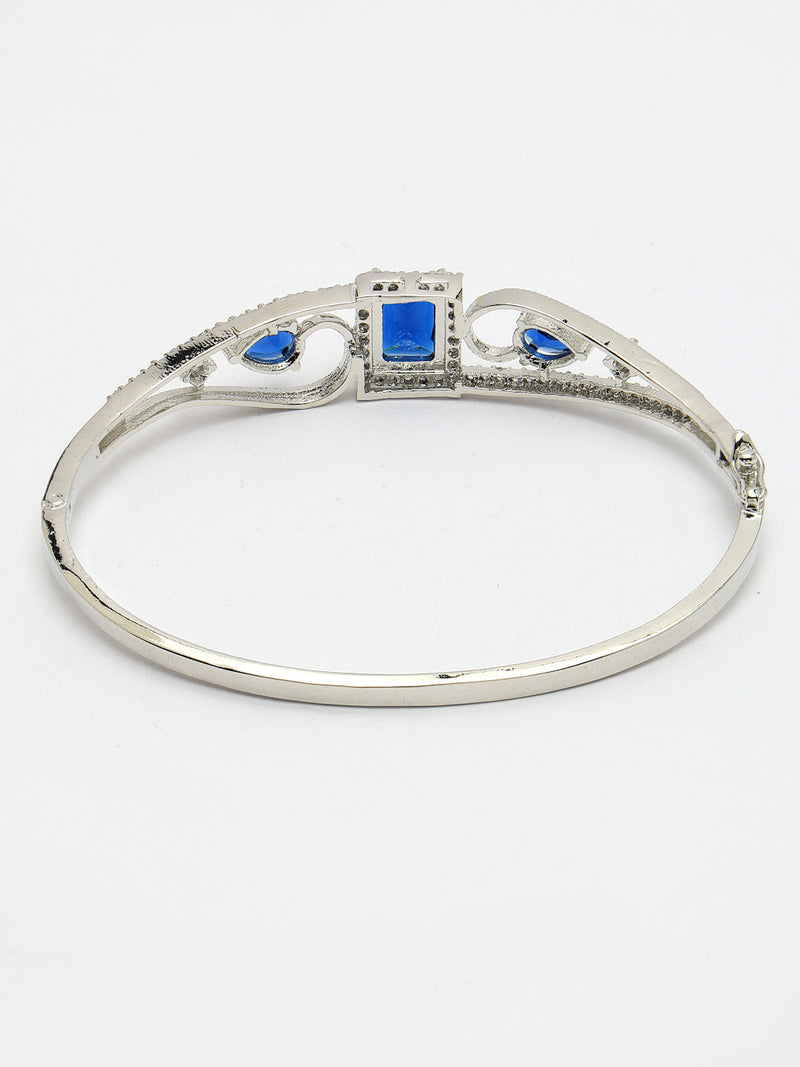 Rhodium Plated Silver Toned Blue Square & Teardrop American Diamond Studded Cuff Bracelet