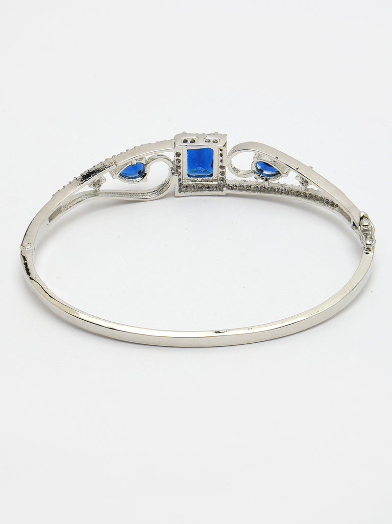 Rhodium Plated Silver Toned Blue Square & Teardrop American Diamond Studded Cuff Bracelet