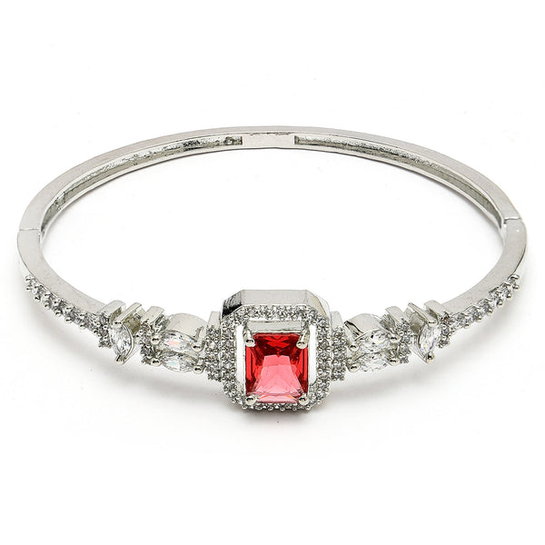 Rhodium Plated Silver Toned Red Rectangle American Diamond Studded Cuff Bracelet