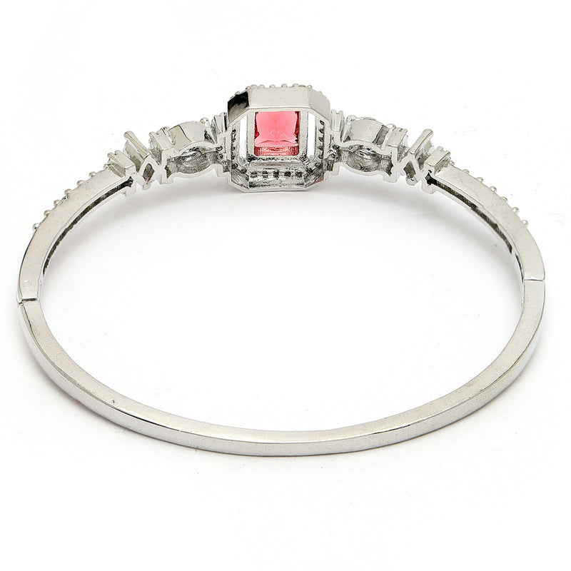 Rhodium Plated Silver Toned Red Rectangle American Diamond Studded Cuff Bracelet
