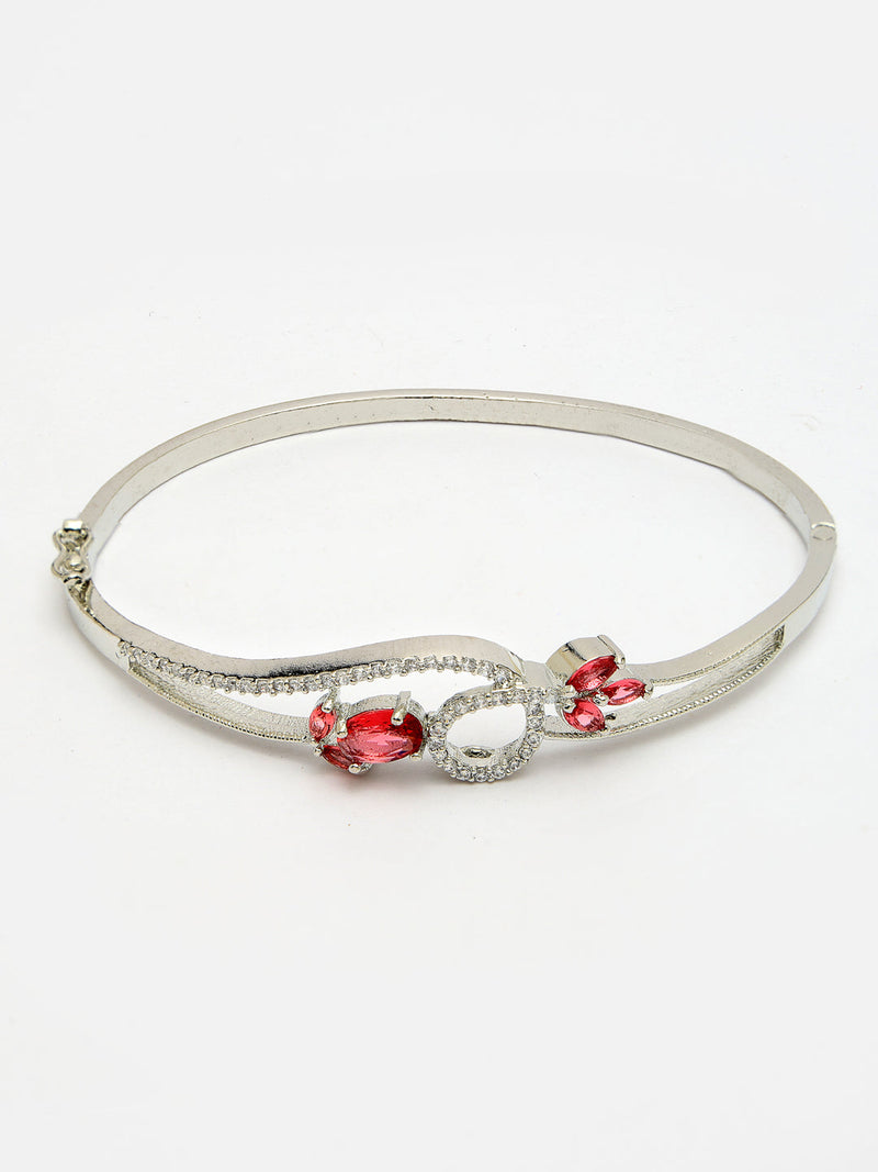 Rhodium Plated Silver Toned Nature Inspired Red Oval American Diamond Studded Cuff Bracelet