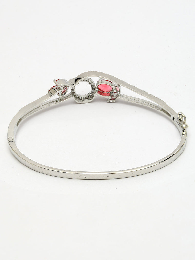 Rhodium Plated Silver Toned Nature Inspired Red Oval American Diamond Studded Cuff Bracelet