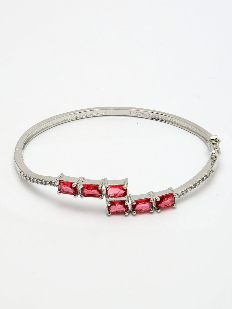 Rhodium Plated Silver Toned Red Baguette Cut American Diamond Studded Cuff Bracelet