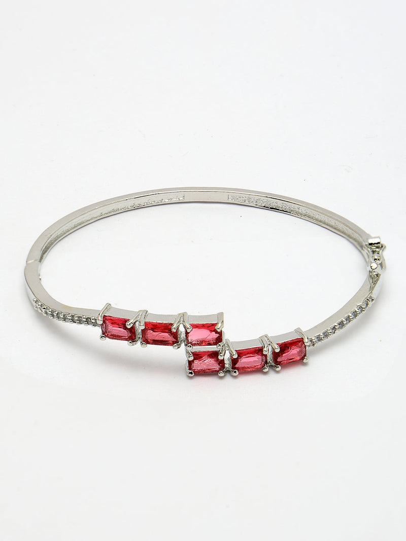 Rhodium Plated Silver Toned Red Baguette Cut American Diamond Studded Cuff Bracelet