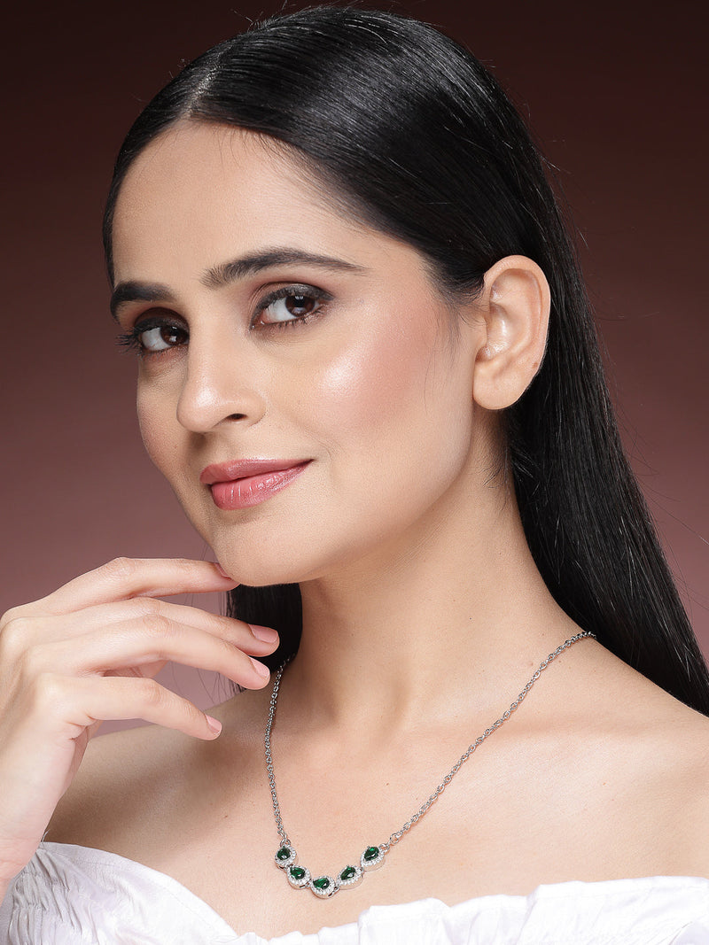 Rhodium Plated with Green American Diamond & Classy Tear Drop Shape Pendant Set
