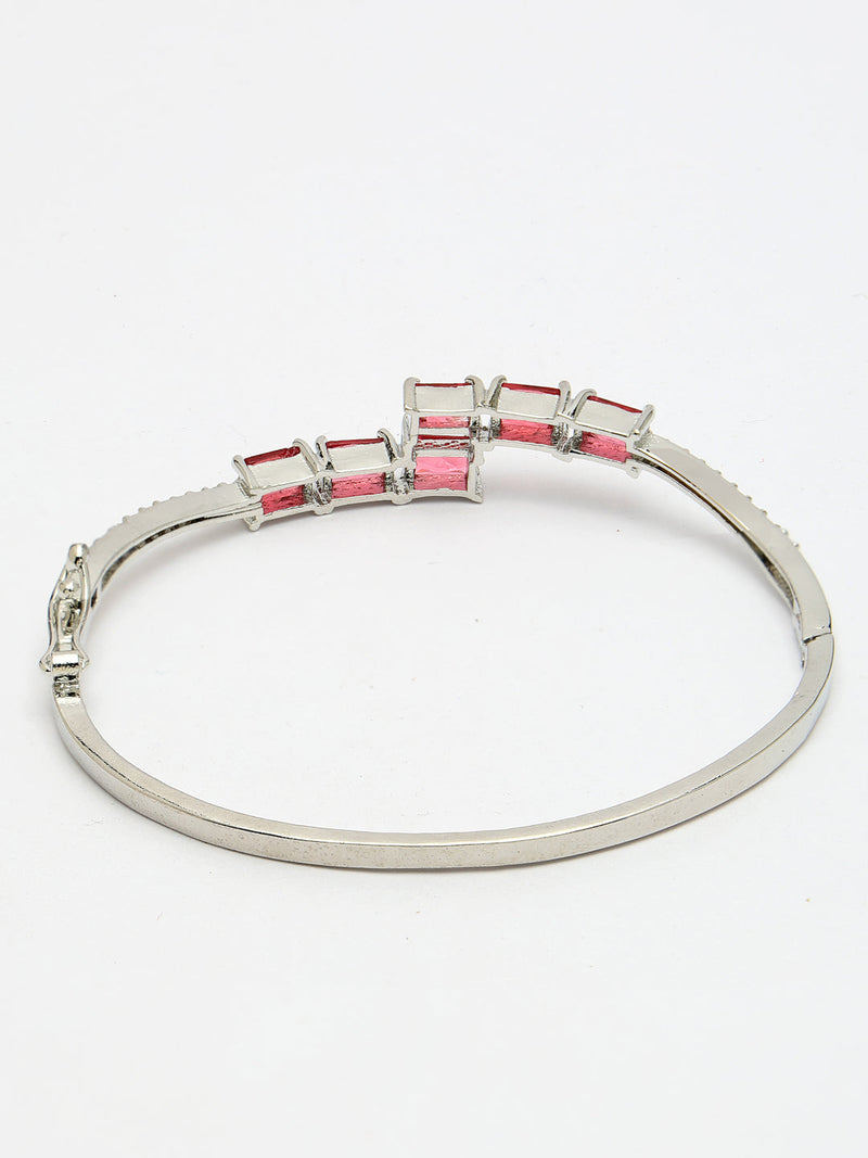Rhodium Plated Silver Toned Red Baguette Cut American Diamond Studded Cuff Bracelet