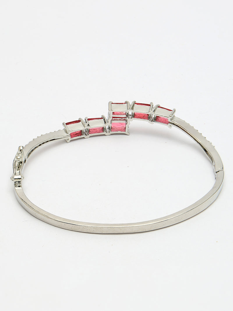 Rhodium Plated Silver Toned Red Baguette Cut American Diamond Studded Cuff Bracelet