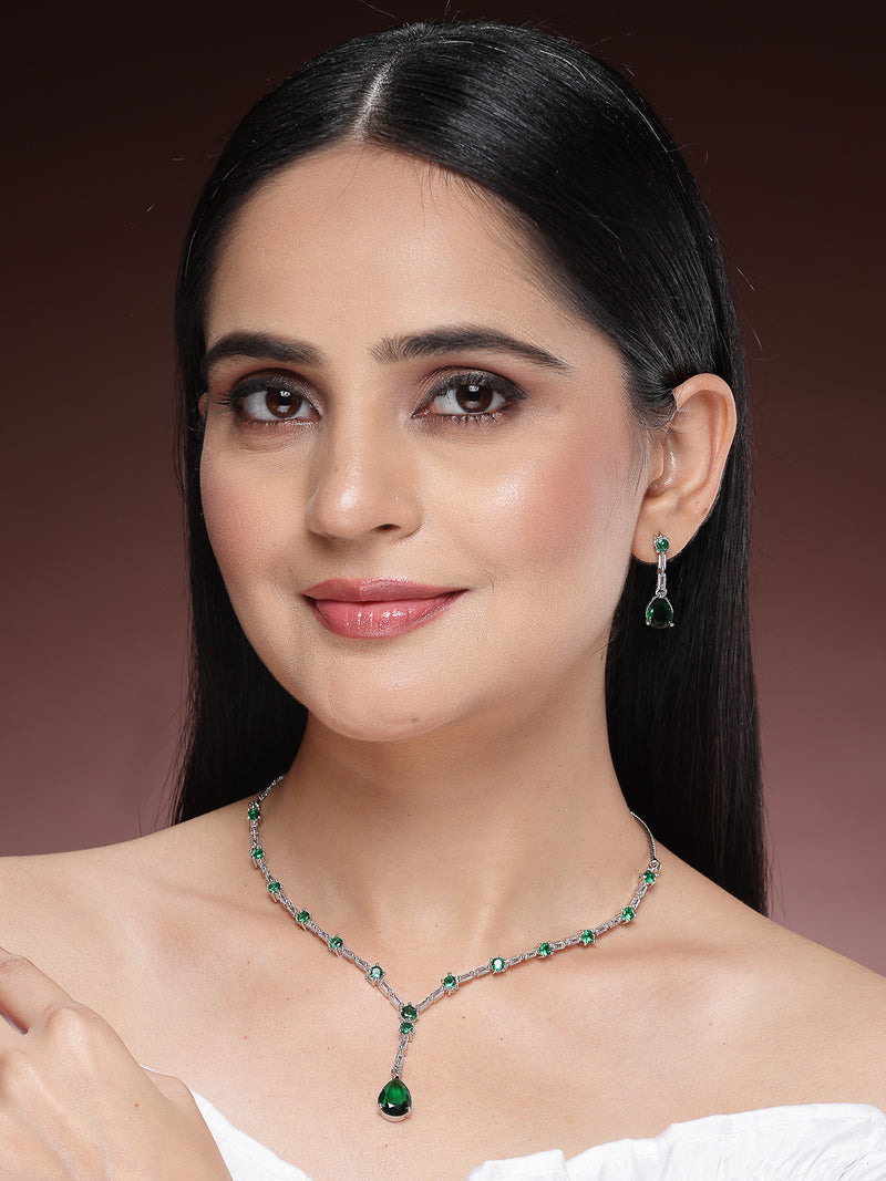 Rhodium Plated with Y Drop Style & Green American Diamond Studded Necklace Set