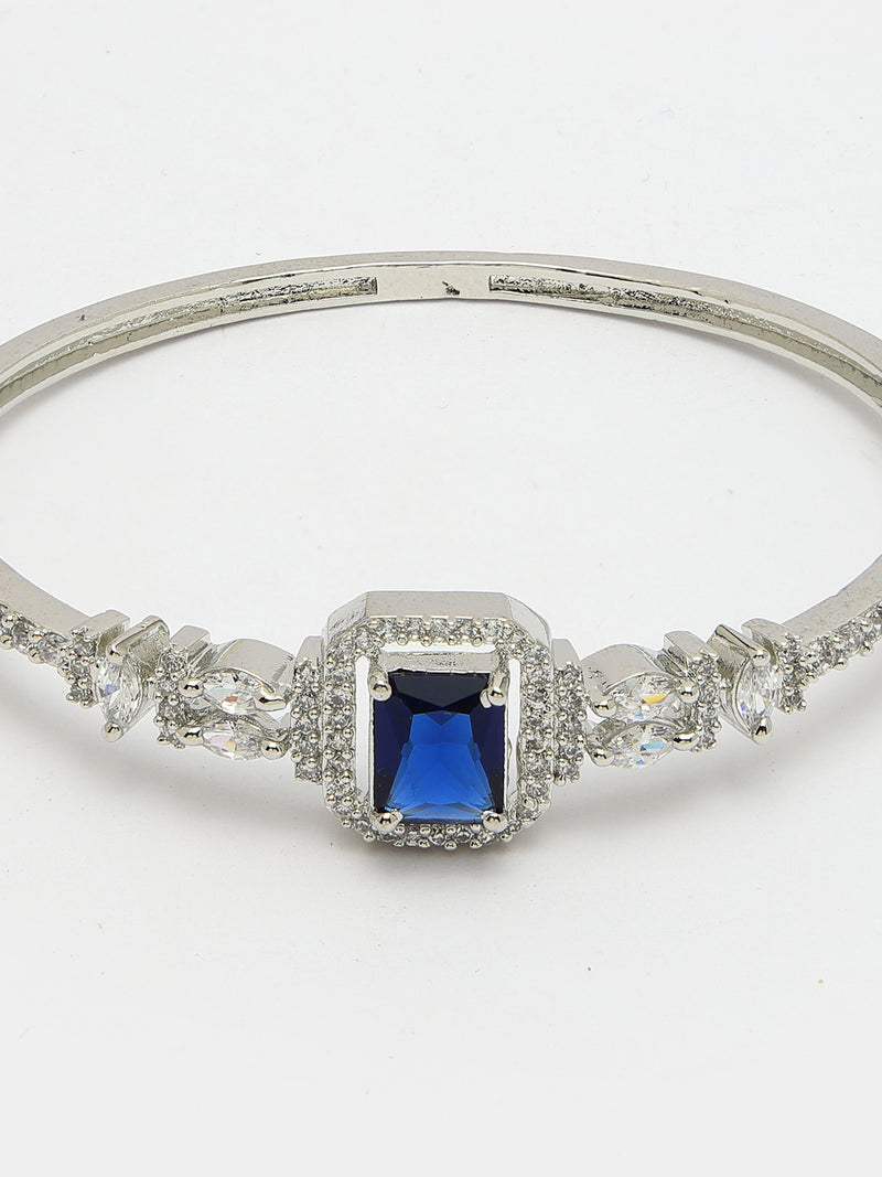 Rhodium Plated Silver Toned Blue Rectangle American Diamond Studded Cuff Bracelet