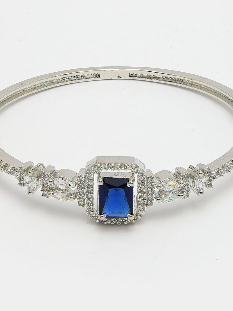 Rhodium Plated Silver Toned Blue Rectangle American Diamond Studded Cuff Bracelet