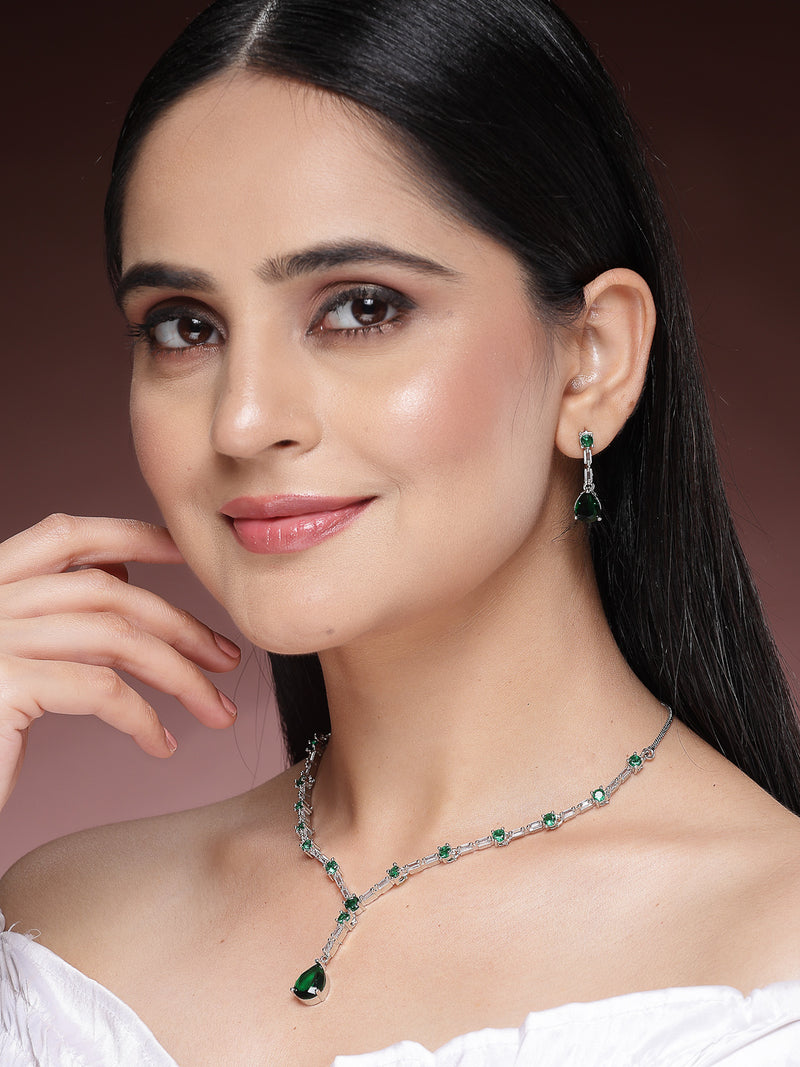 Rhodium Plated with Y Drop Style & Green American Diamond Studded Necklace Set