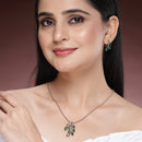 Rhodium Plated with Leaf Shaped Design & Green American Diamonds Studded Pendant Set