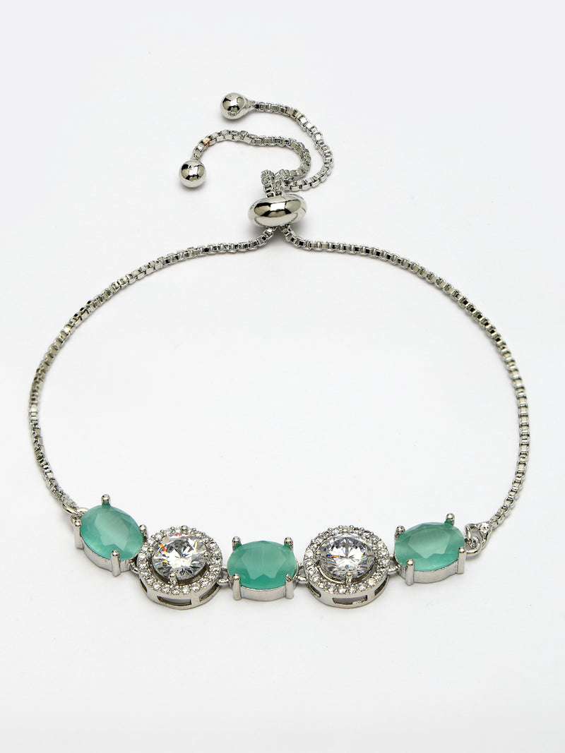Rhodium Plated Silver Toned White Round & Mint Green Oval AD Studded Wraparound Adjustable Bracelet