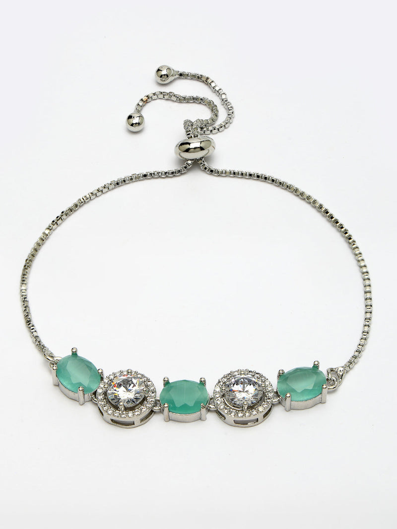 Rhodium Plated Silver Toned White Round & Mint Green Oval AD Studded Wraparound Adjustable Bracelet