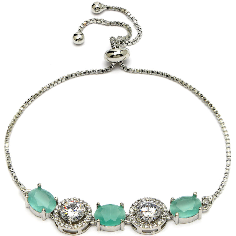 Rhodium Plated Silver Toned White Round & Mint Green Oval AD Studded Wraparound Adjustable Bracelet
