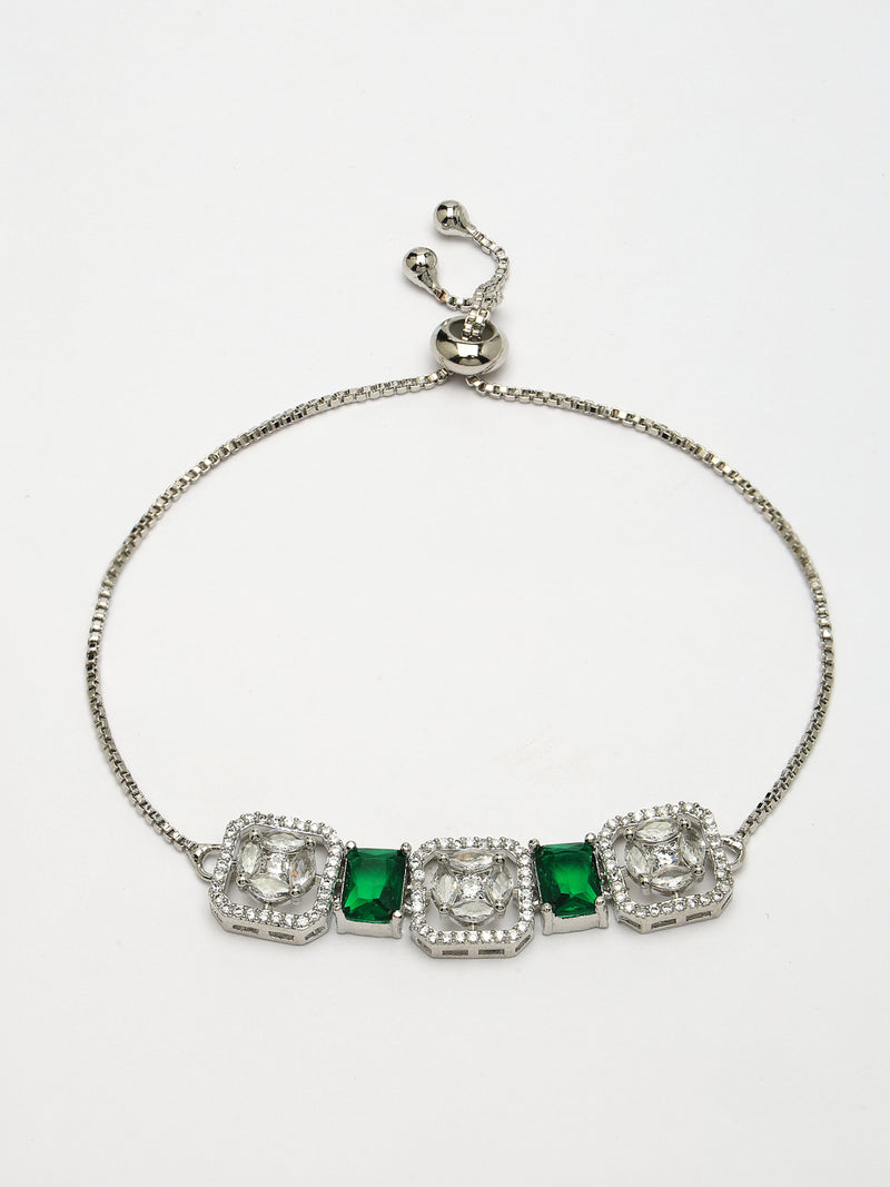 Zeneme Rhodium Plated Silver Toned White Round & Green Rectangle American Diamond Studded  Wraparound Adjustable Bracelet