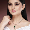 Rhodium Plated with Green Tear Drop Shape American Diamond Studded Pendent Set