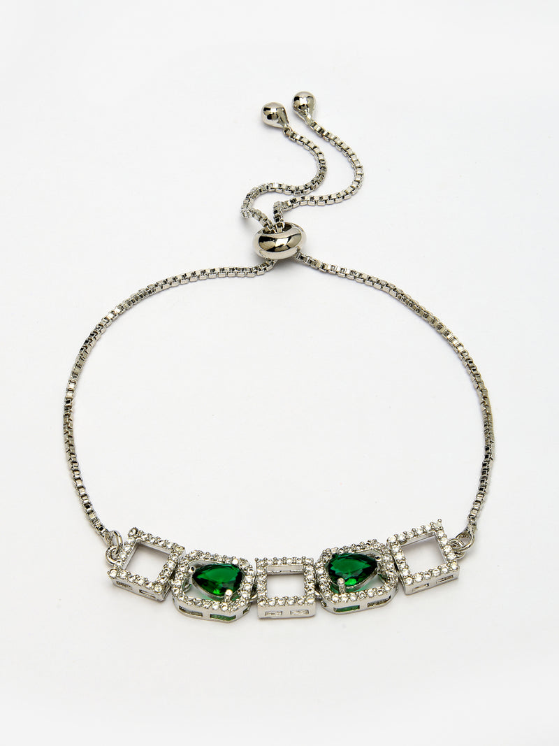 Rhodium Plated Silver Toned White Square Cut Green Teardrop American Diamond  Studded Wraparound Adjustable Bracelet
