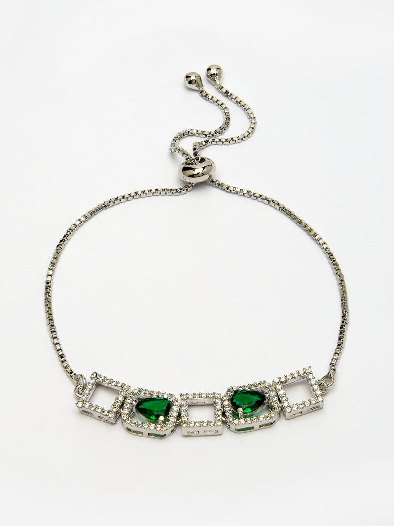Rhodium Plated Silver Toned White Square Cut Green Teardrop American Diamond  Studded Wraparound Adjustable Bracelet