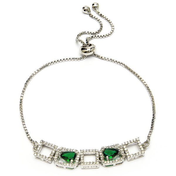 Rhodium Plated Silver Toned White Square Cut Green Teardrop American Diamond  Studded Wraparound Adjustable Bracelet