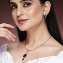 Rhodium Plated with Green Tear Drop Shape American Diamond Studded Pendent Set