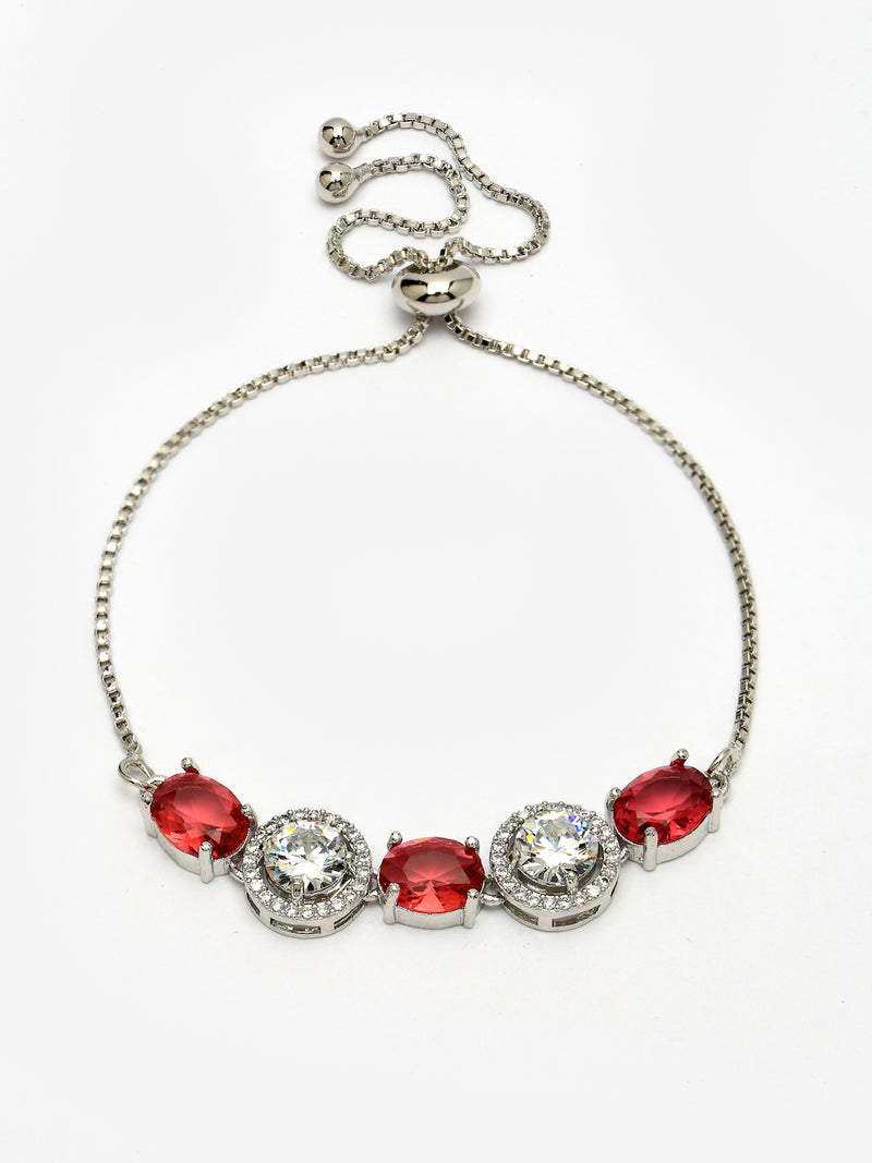 Rhodium Plated Silver Toned White Round & Red Oval AD Studded  Wraparound Adjustable Bracelet
