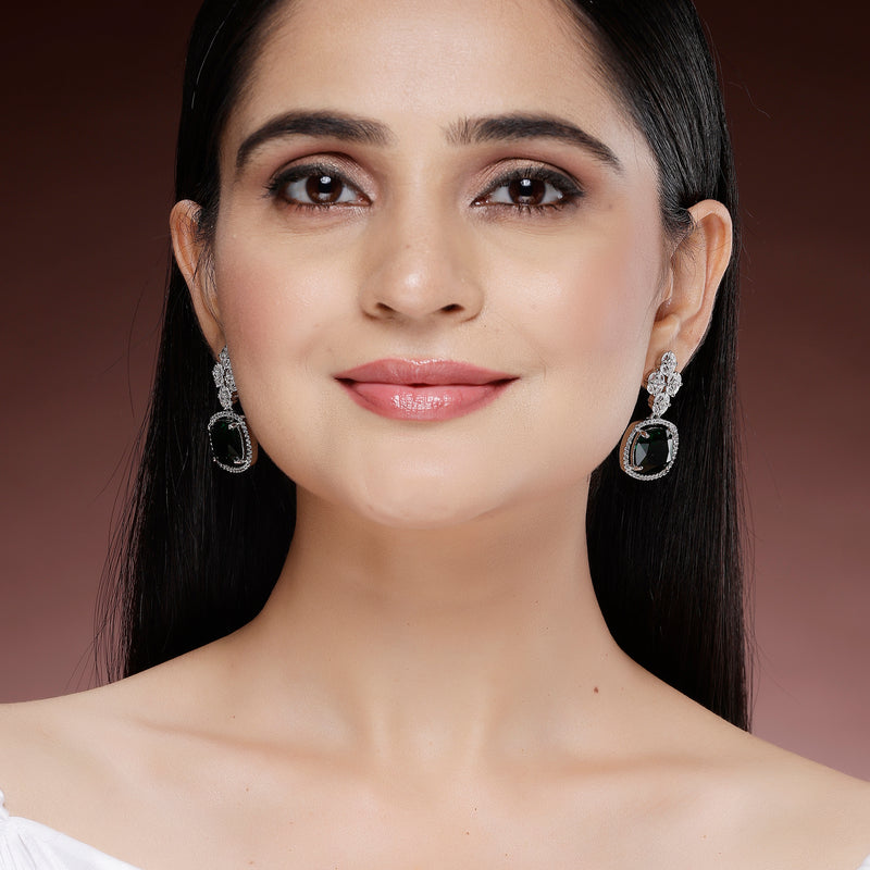 Rhodium Plated Silver Toned with Green American Diamond Small Drop Earrings