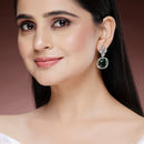 Rhodium Plated Silver Toned with Green American Diamond Small Drop Earrings