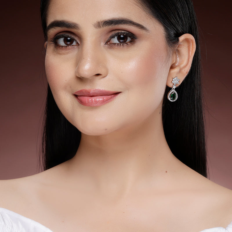 Rhodium Plated Silver Toned Green American Diamond Small Drop Earrings