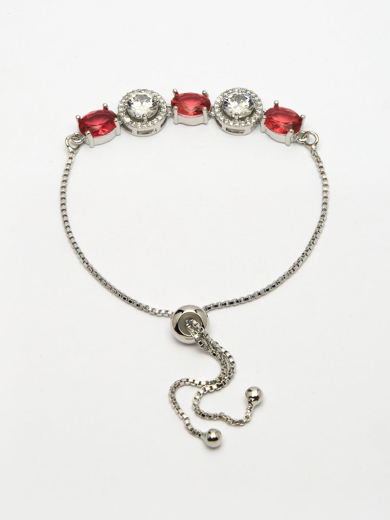 Rhodium Plated Silver Toned White Round & Red Oval AD Studded  Wraparound Adjustable Bracelet